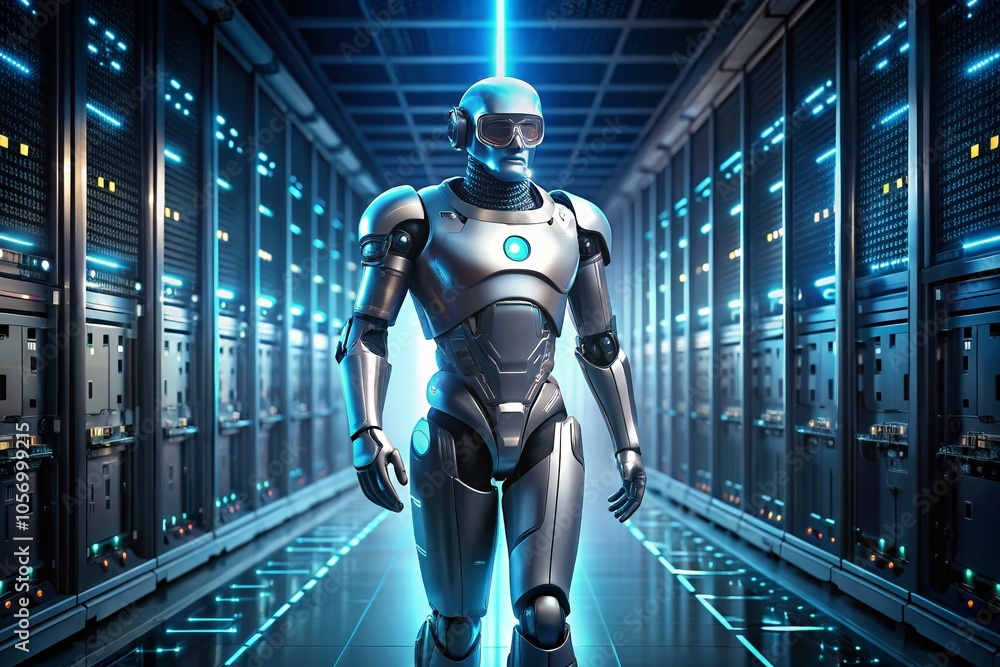 AI Controlled Modern Robot Walking in High-Tech Data Center with Futuristic Design and Advanced Technology Elements AI Controlled Modern Robot Walking in High-Tech Data Center with Futuristic Design and Advanced Technology Elements