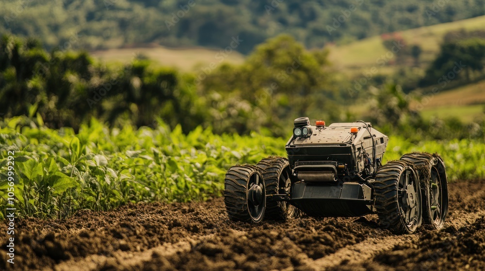 A robotic device navigating a tilled field in an agricultural landscape. A robotic device navigating a tilled field in an agricultural landscape.