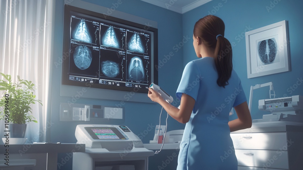 Doctor in Bright Exam Room Holding Ultrasound Device Doctor in Bright Exam Room Holding Ultrasound Device