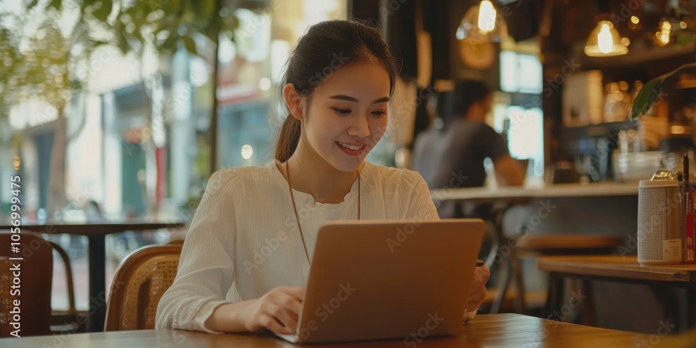 Woman Using Laptop in Cafe Woman Using Laptop in Cafe