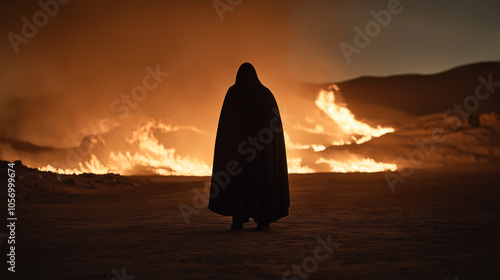 Silhouetted cloaked figure standing before a vast, fiery landscape at night, with blazing flames lighting up the dark sky and barren terrain photo