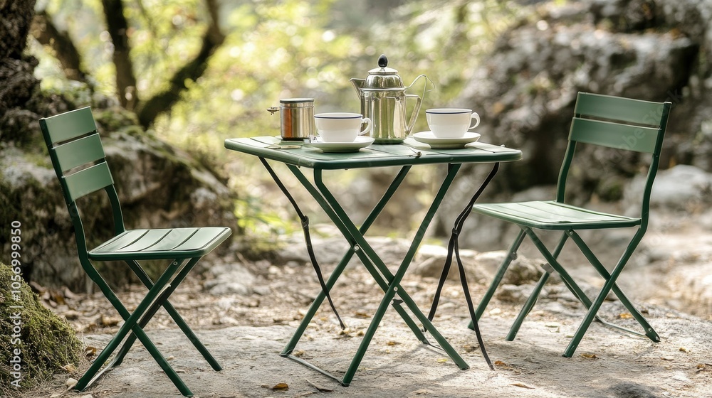 Compact folding table set up in a camping area, minimalist design ideal for light packing and easy outdoor dining. Compact folding table set up in a camping area, minimalist design ideal for light packing and easy outdoor dining.