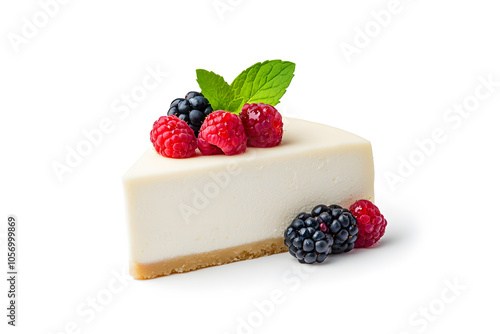 A slice of cheesecake with a berry topping, isolated on white background 