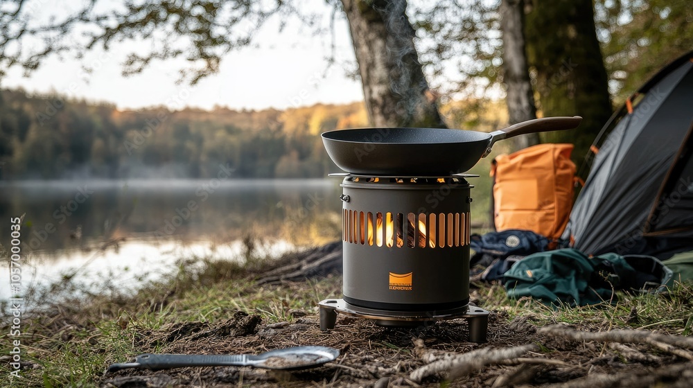 Compact outdoor stove with a frying pan on top, ready for cooking, surrounded by camping gear in a natural setting. Compact outdoor stove with a frying pan on top, ready for cooking, surrounded by camping gear in a natural setting.