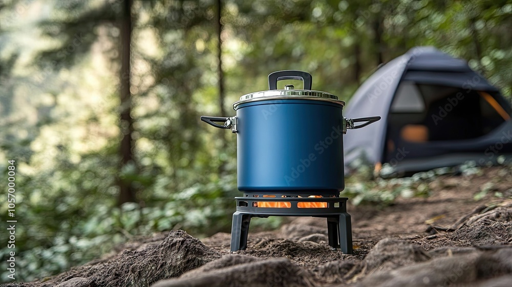 Compact outdoor stove with visible flame and cooking pot, placed on uneven terrain, ideal for a rugged camping experience. Compact outdoor stove with visible flame and cooking pot, placed on uneven terrain, ideal for a rugged camping experience.