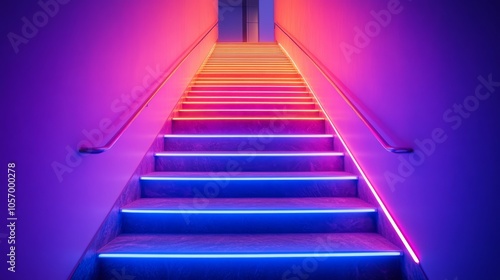 Neon-Lit Staircase with Pink and Blue Gradient