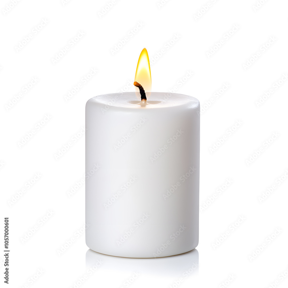 Candle with flame in a minimalist holder isolated on white background Candle with flame in a minimalist holder isolated on white background