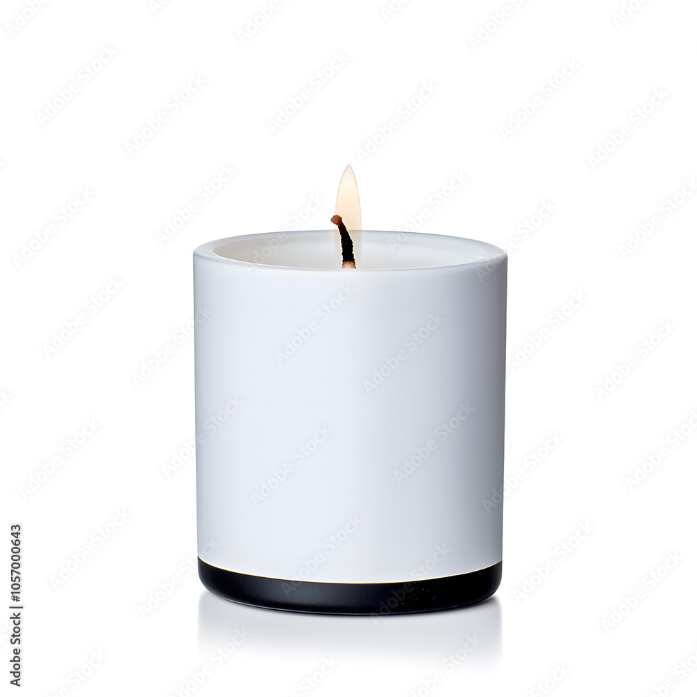Candle with flame in a minimalist holder isolated on white background Candle with flame in a minimalist holder isolated on white background