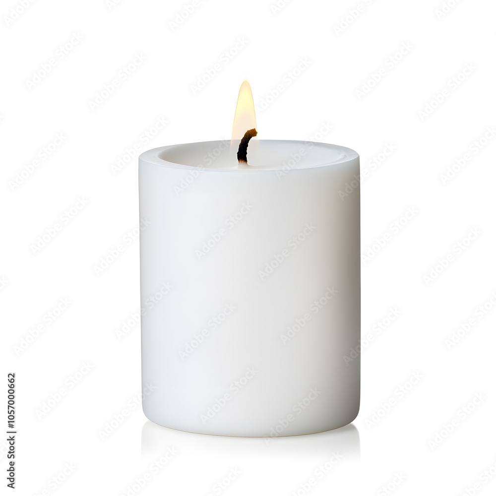 Candle with flame in a minimalist holder isolated on white background Candle with flame in a minimalist holder isolated on white background