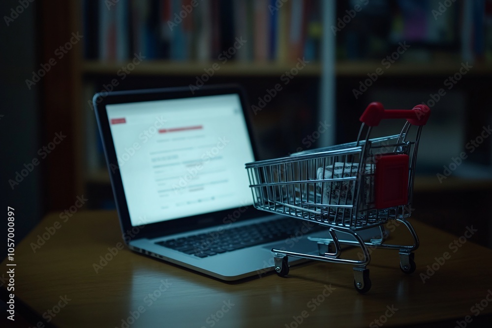 A small shopping cart on a desk beside a laptop, symbolizing online shopping and e-commerce activities A small shopping cart on a desk beside a laptop, symbolizing online shopping and e-commerce activities