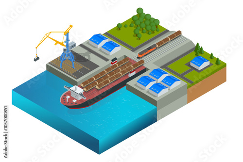 Isometric cargo ship is being loaded with logs in the port. Timber export or import, loading on cargo ship in commercial port. Transport industry.