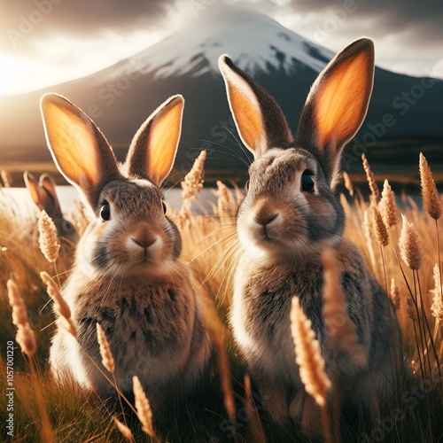 two rabbit sitting in tall grass with ears raised photo