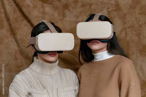 Two young women wearing virtual reality headsets. photo