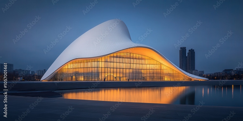 Naklejka premium Modern Architectural Design with Curved Lines and Glass Facade Reflecting in Water