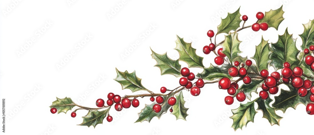 Fototapeta premium Festive Holly Berries and Leaves Border
