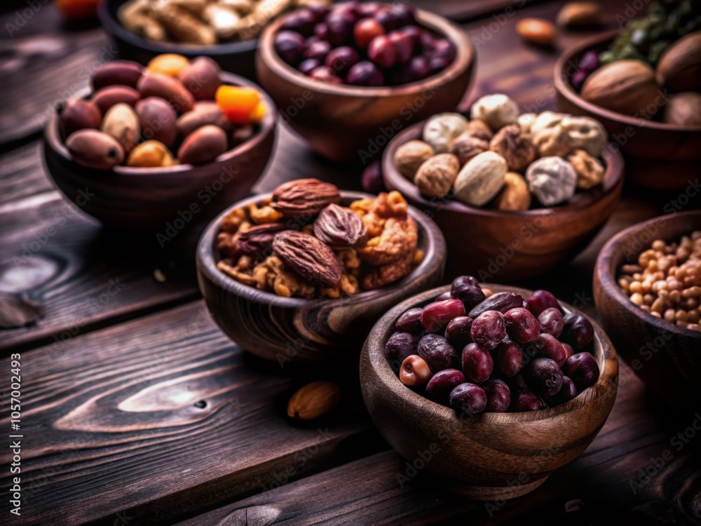 Assorted Nuts and Dried Fruits in Wooden Bowls - Healthy Snack Inspiration for Food Photography Assorted Nuts and Dried Fruits in Wooden Bowls - Healthy Snack Inspiration for Food Photography