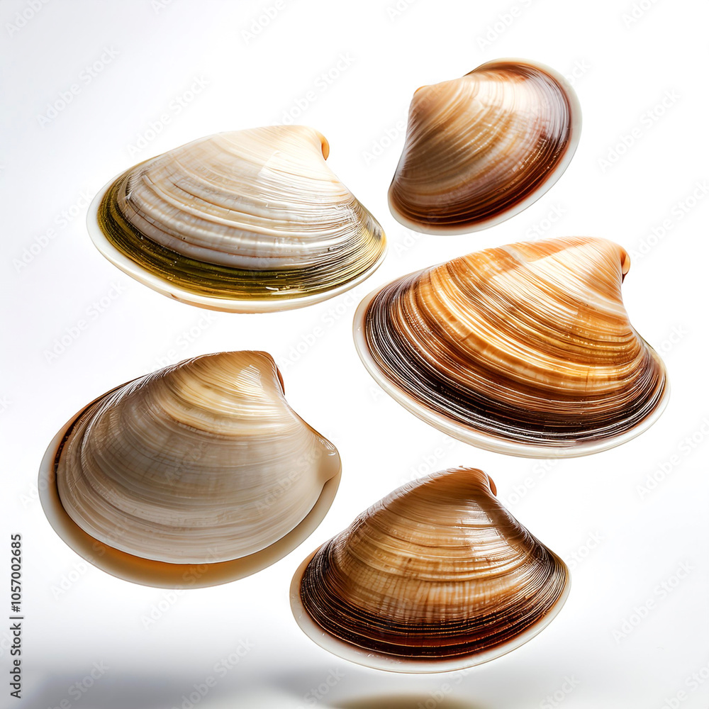 Fresh clams floating or flying isolated white background Fresh clams floating or flying isolated white background