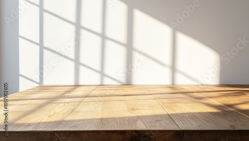 Empty Wooden Table with Sunlight and Shadows
