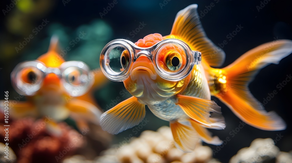 Goldfish Wearing Glasses in Colorful Aquarium Setting Goldfish Wearing Glasses in Colorful Aquarium Setting