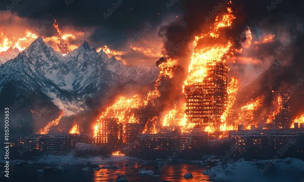 A towering inferno against a backdrop of snow-capped mountains, flames engulfing a building ravaged by a winter gas leak. A towering inferno against a backdrop of snow-capped mountains, flames engulfing a building ravaged by a winter gas leak.