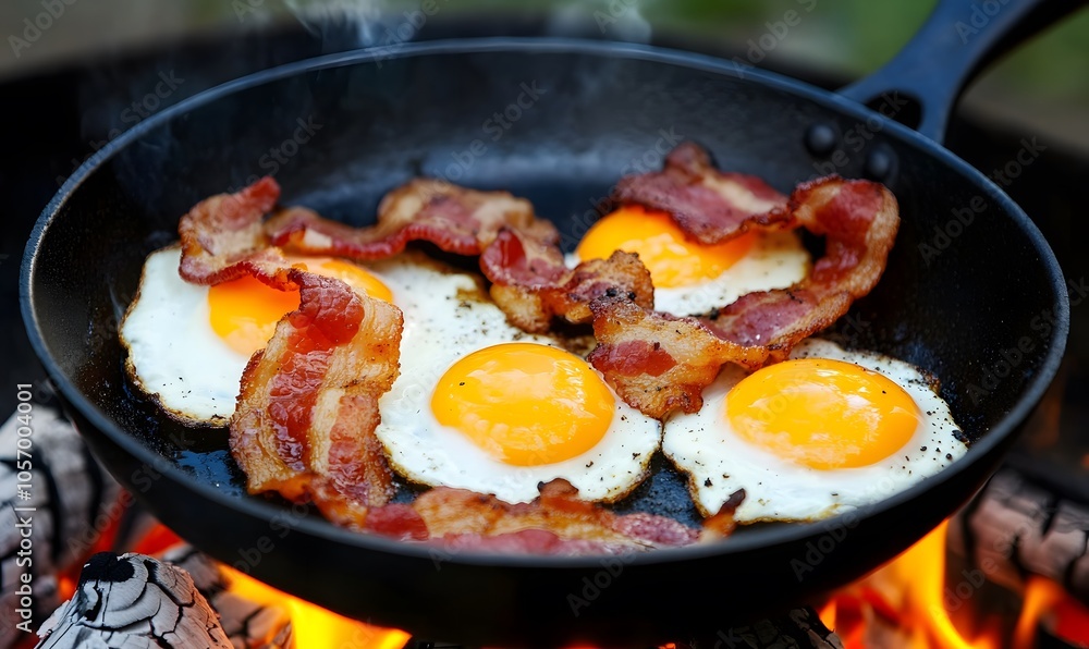 eggs sizzle alongside crispy bacon in a black skillet on a blazing campfire, Generative AI eggs sizzle alongside crispy bacon in a black skillet on a blazing campfire, Generative AI