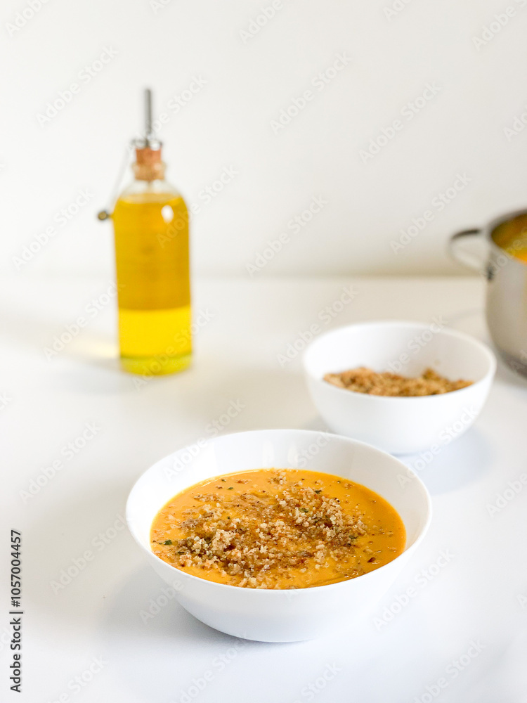 Indulge in the Delightful Creamy Pumpkin Soup, Topped with Garnishes and Drizzled with Olive Oil Indulge in the Delightful Creamy Pumpkin Soup, Topped with Garnishes and Drizzled with Olive Oil