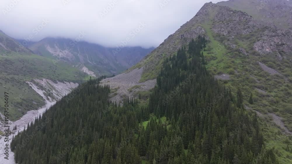 Ala Archa National Park at summer day in Kyrgyzstan, aerial view with truck camera movement. Ala Archa National Park at summer day in Kyrgyzstan, aerial view with truck camera movement.