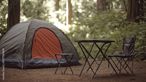 Lightweight folding table with clean lines, set up by a tent in a camping area, highlighting its minimalist and portable design.