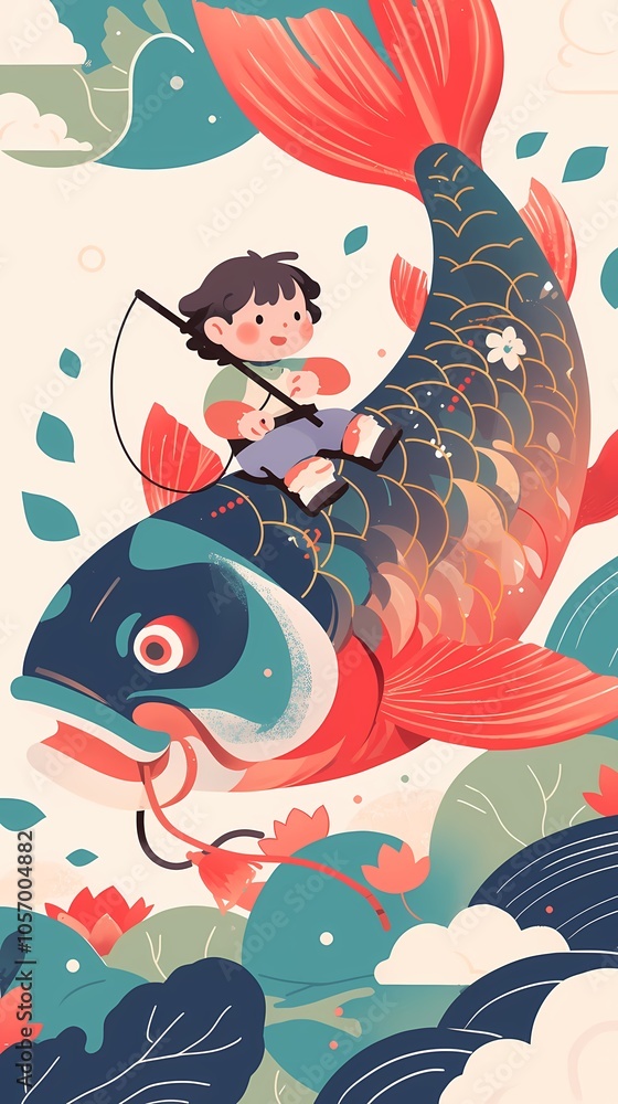 Traditional Chinese New Year boy and carp illustration poster background Traditional Chinese New Year boy and carp illustration poster background