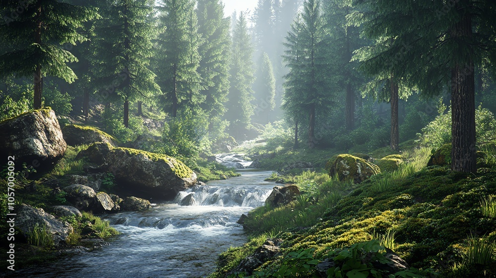 Obraz premium Tranquil forest stream in lush greenery.