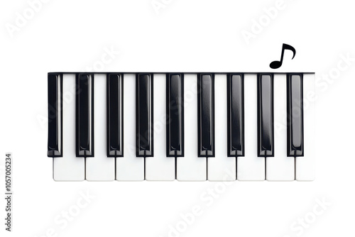 Close-up of a piano keyboard with eight white and black keys, showcasing a musical note. Perfect for music themes and creative designs. photo