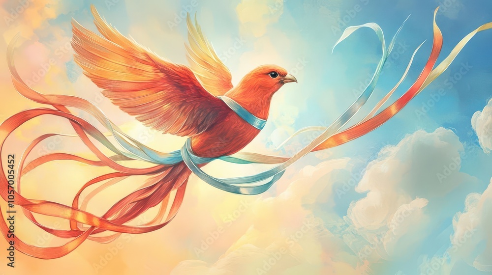 Obraz premium Handdrawn depiction of a bird with wings made of ribbons, Soaring Above, hope and freedom