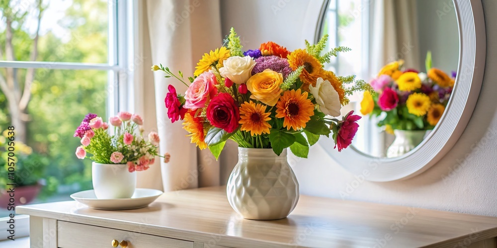 Beautiful Bouquet of Flowers in a White Vase on a Modern Dressing Table with Morning Sunlight and Shadow Beautiful Bouquet of Flowers in a White Vase on a Modern Dressing Table with Morning Sunlight and Shadow