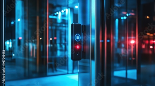 A sleek, modern access control system glows with blue and red lights, reflecting a sophisticated, high-tech entrance. photo