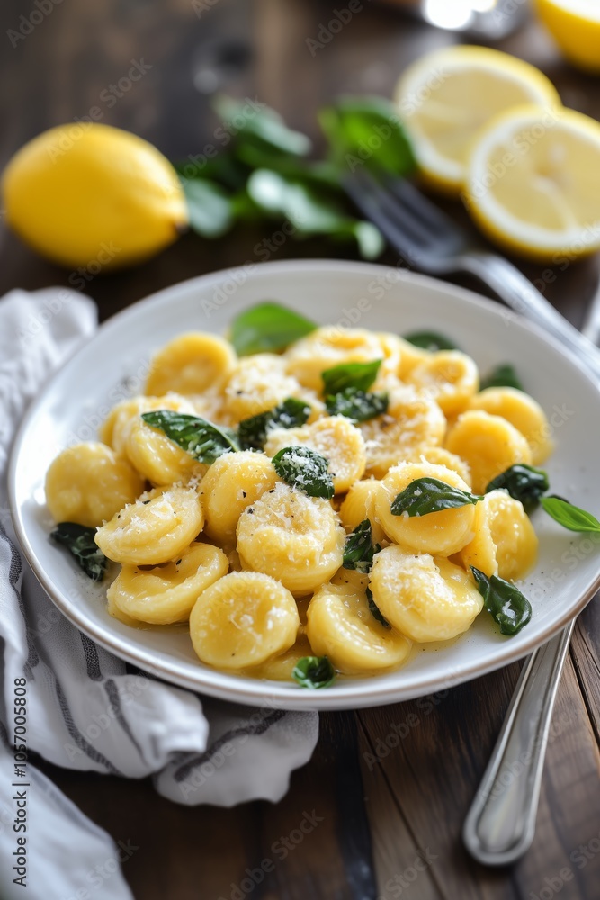 Delicious homemade gnocchi with lemon and fresh basil served on a rustic table with lemon slices Delicious homemade gnocchi with lemon and fresh basil served on a rustic table with lemon slices