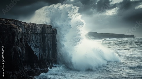 A massive ocean wave crashing against rocky cliffs, the force of the water sending mist and spray high into the air, with dramatic stormy skies overhead 