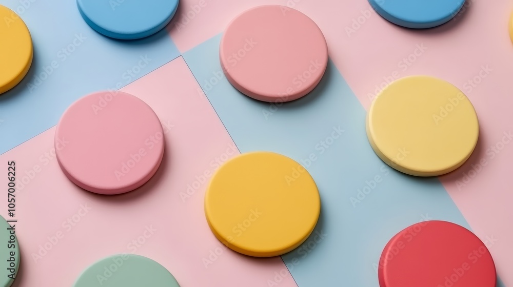 Colorful circles abstract art, vibrant dots on pastel pink and blue split background modern, decorative, geometric design Colorful circles abstract art, vibrant dots on pastel pink and blue split background modern, decorative, geometric design