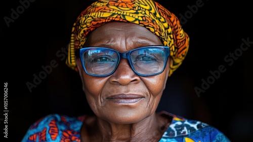 Happy African Senior Woman Portrait with Glasses and Headscarf photo