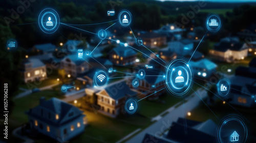 Smart city network with digital connections over residential area