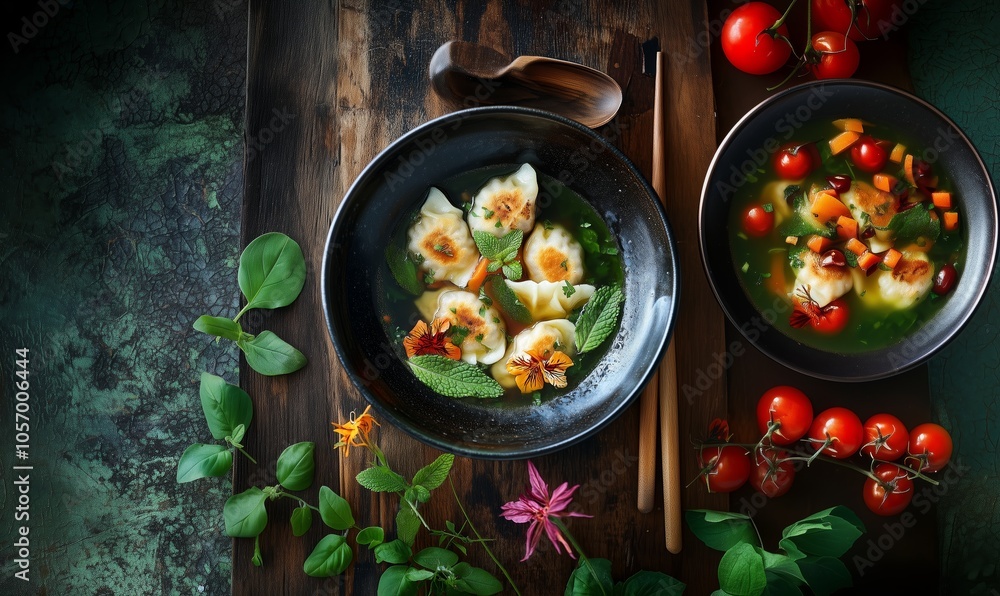 Delicious handmade dumplings and vibrant soup garnished with fresh herbs and vegetables on a rustic wooden table Delicious handmade dumplings and vibrant soup garnished with fresh herbs and vegetables on a rustic wooden table