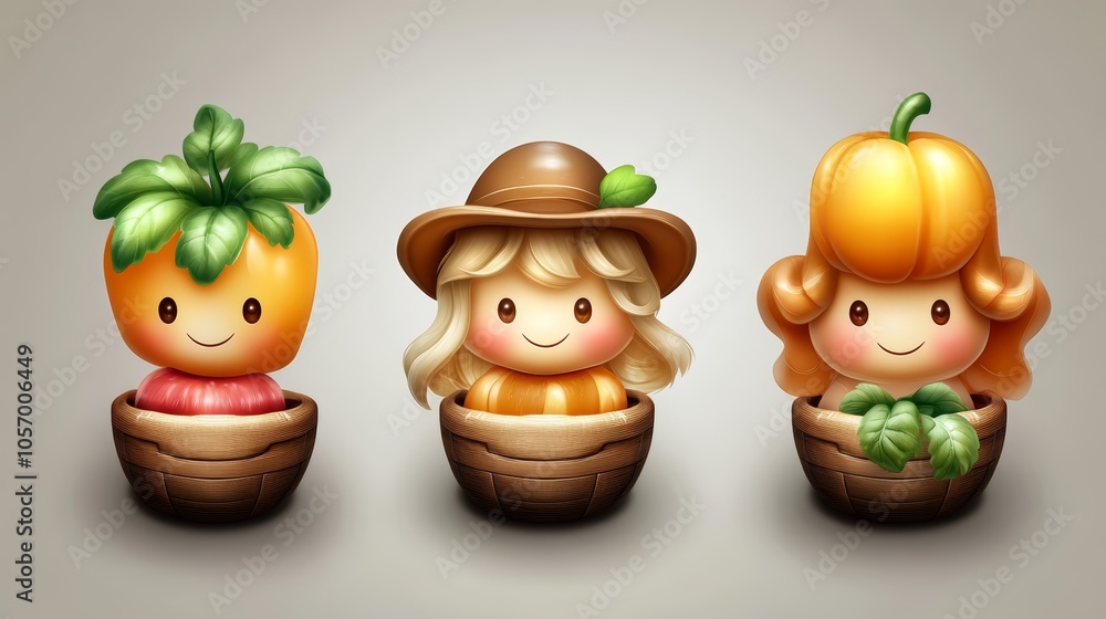 Cute cartoon fruits in baskets, a vibrant illustration for healthy eating and kids' projects Cute cartoon fruits in baskets, a vibrant illustration for healthy eating and kids' projects