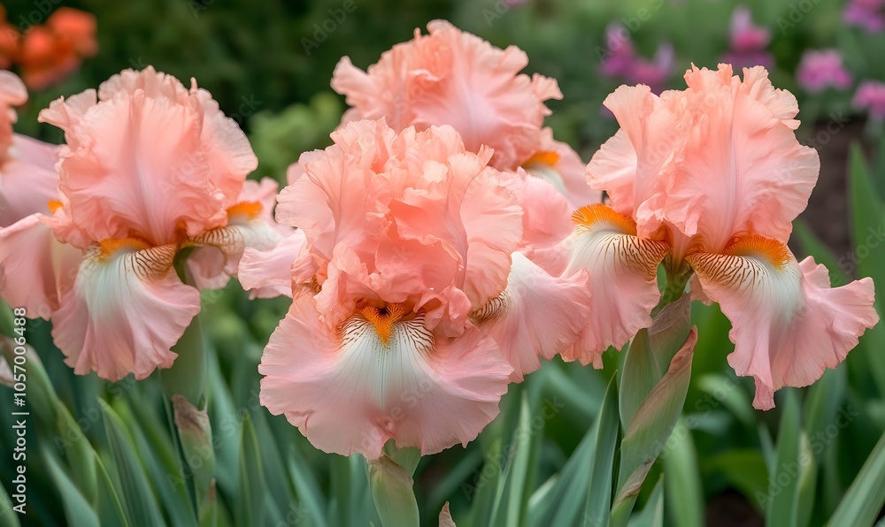 pink orange Iris flower surrounded by lush green leaves, Generative AI pink orange Iris flower surrounded by lush green leaves, Generative AI