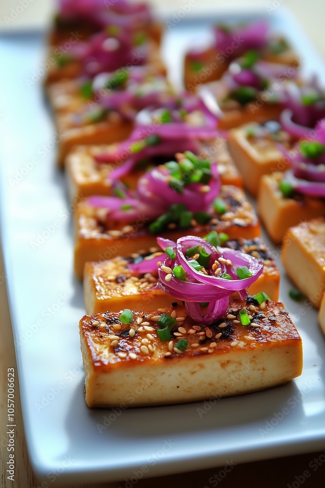 Grilled tofu garnished with pickled onions and sesame seeds on a white serving platter Grilled tofu garnished with pickled onions and sesame seeds on a white serving platter