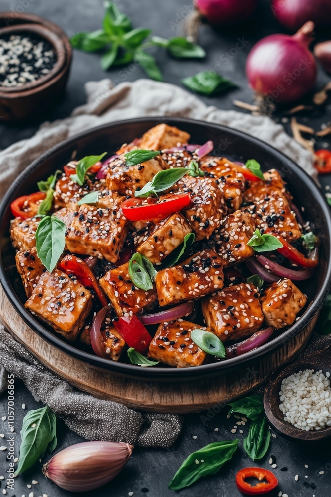 Delicious tofu stir-fry with colorful vegetables served in a rustic bowl, garnished with fresh basil, sesame seeds, and a drizzle of sauce Delicious tofu stir-fry with colorful vegetables served in a rustic bowl, garnished with fresh basil, sesame seeds, and a drizzle of sauce