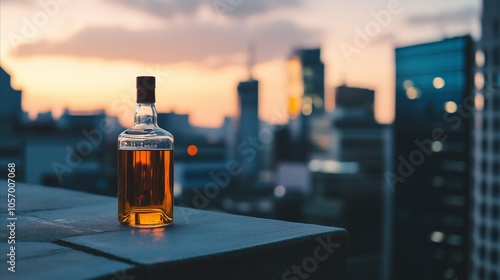 Bottle of whiskey is sitting on a ledge in front of a city skyline