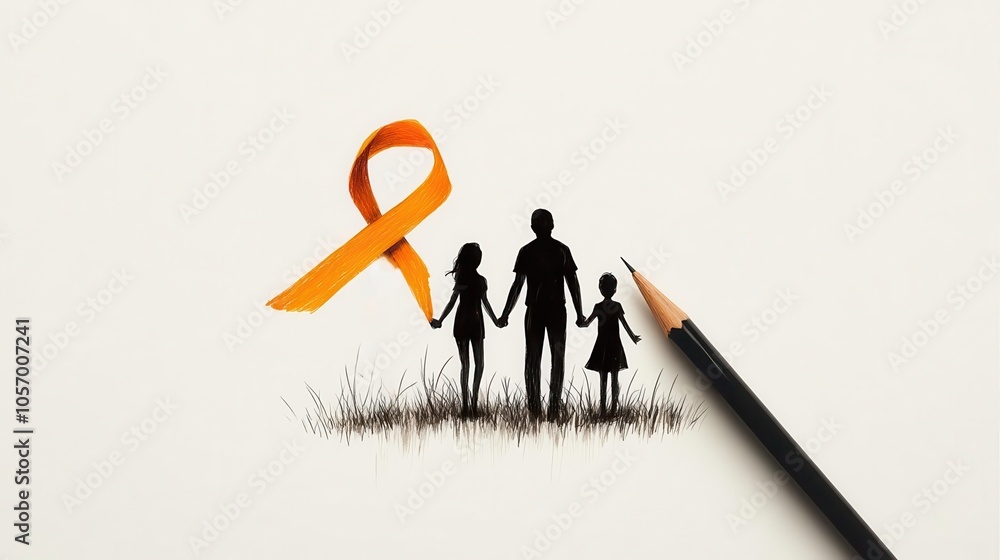 Pen sketch of a family holding hands with an orange ribbon connecting them, Family of Fighters, support for loved ones Pen sketch of a family holding hands with an orange ribbon connecting them, Family of Fighters, support for loved ones