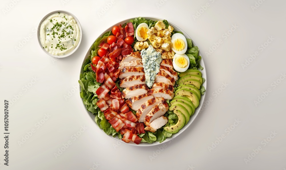 Fresh salad platter with grilled chicken, vegetables, and creamy dressing served on a white background Fresh salad platter with grilled chicken, vegetables, and creamy dressing served on a white background