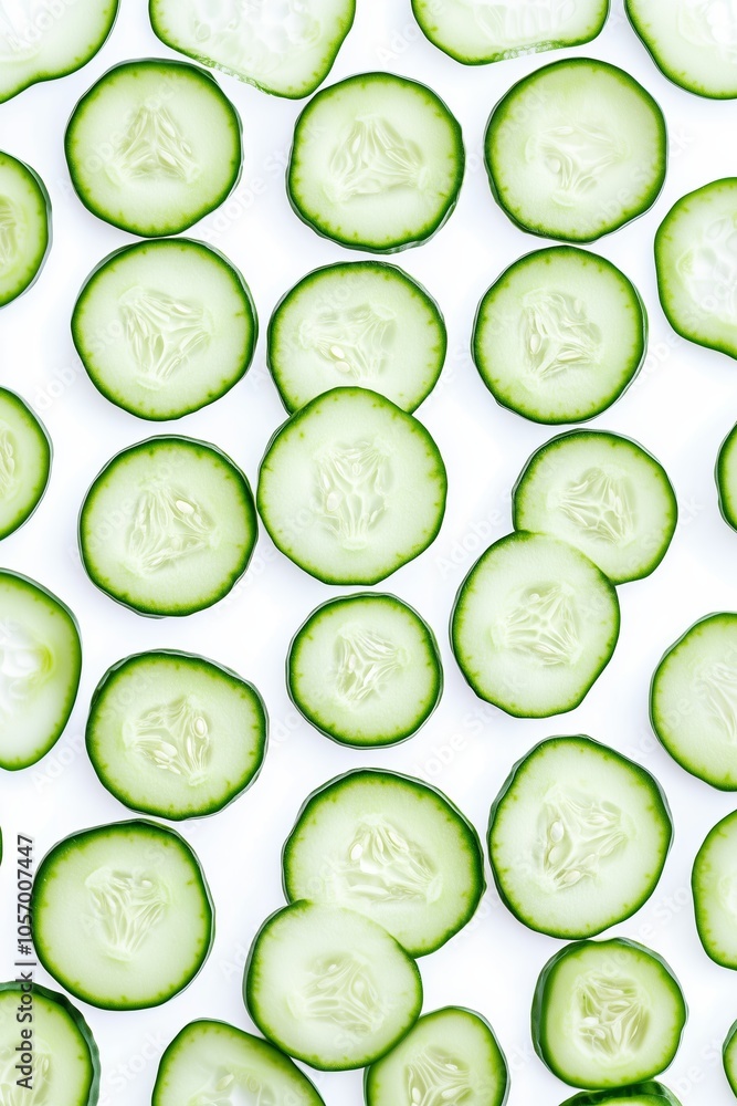 Freshly sliced cucumbers arranged beautifully on a clean white background, perfect for salads or healthy snacks Freshly sliced cucumbers arranged beautifully on a clean white background, perfect for salads or healthy snacks