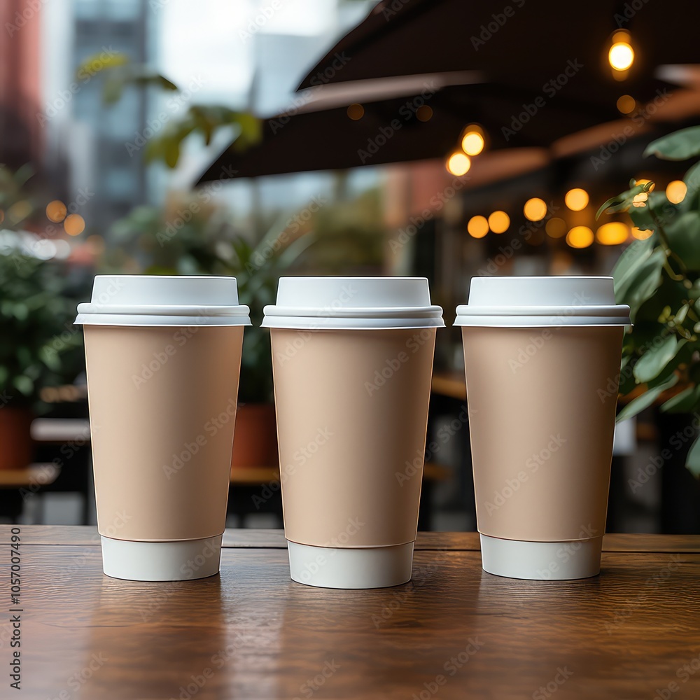 Three Paper Cups On Wooden Table Cafe Setting Three Paper Cups On Wooden Table Cafe Setting