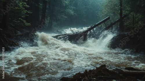 Close-up of floodwaters crashing through a forested area, uprooting trees and debris flowing with intense force, while rain continues to pour 